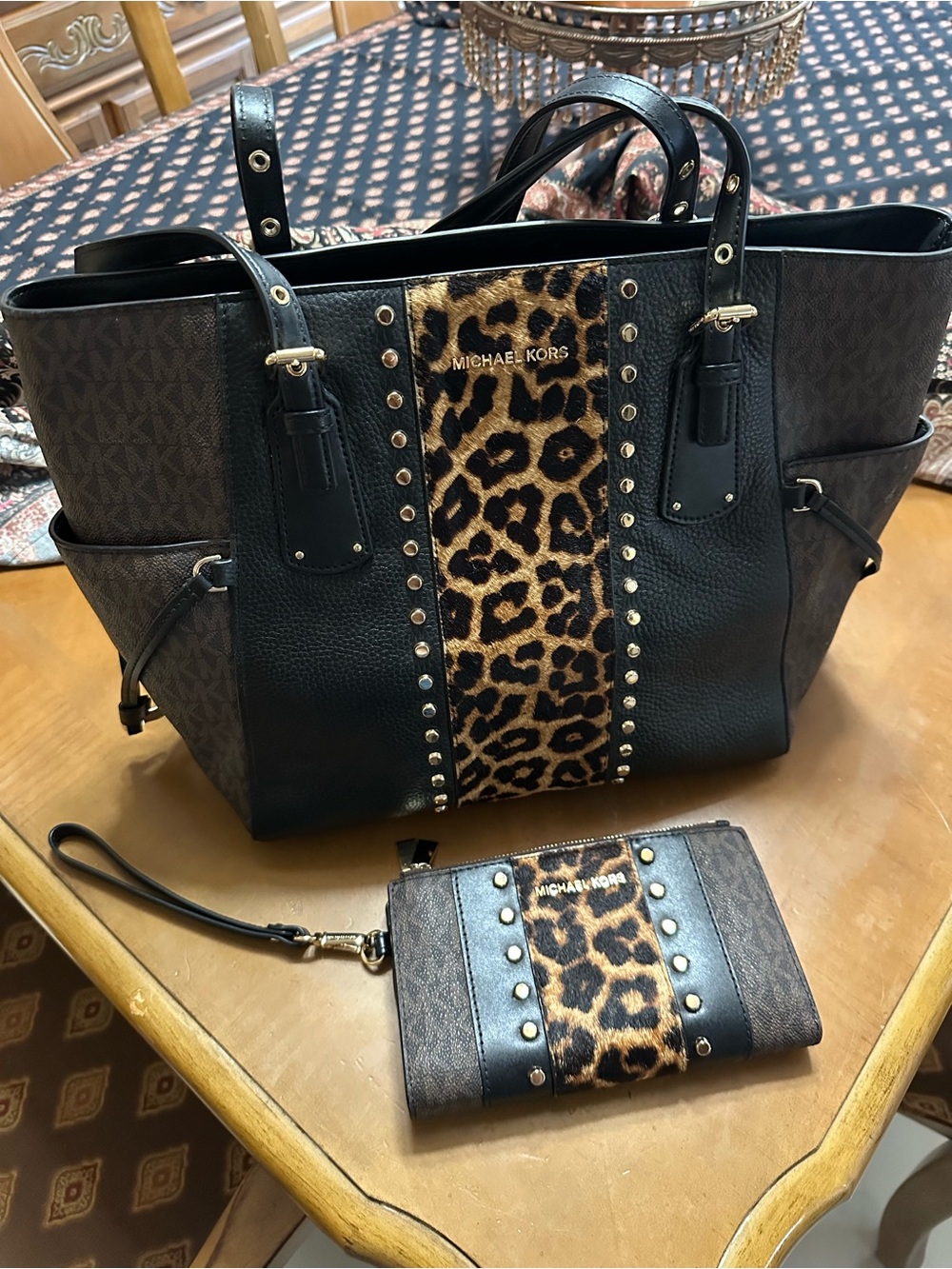 Michael Kors Black and Brown Leopard-Accent Tote with Wristlet